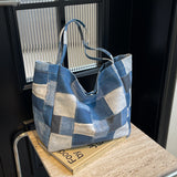 Women's Large Capacity Denim Color-contrast Check Idle Style Shoulder Commute Leisure Handbag