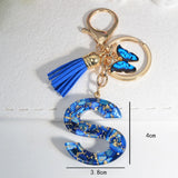 New Resin Blue Stone Letter Butterfly Tassel Letter Key Chain