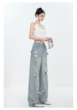 Women's Bow Wide Leg Retro Ripped Straight Jeans