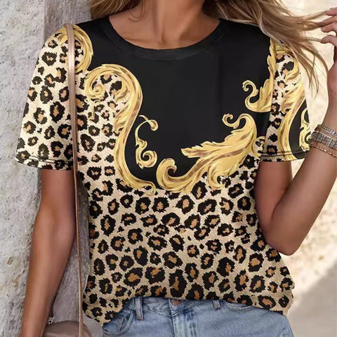 Leopard Print Plus Size Women's 3D Round Neck T-shirt