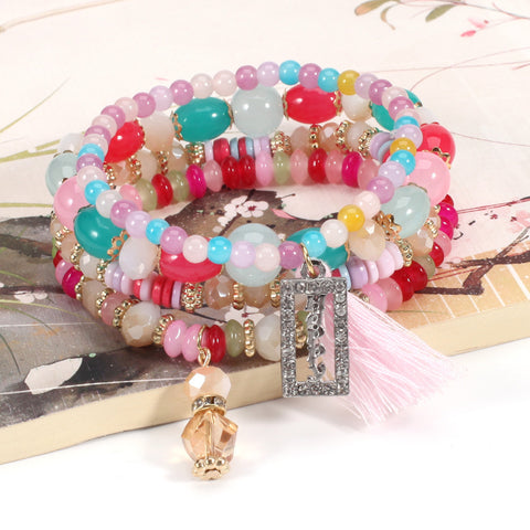 Bohemian Tassel Crystal Pendant Multi-layer Vintage Bead Bracelet