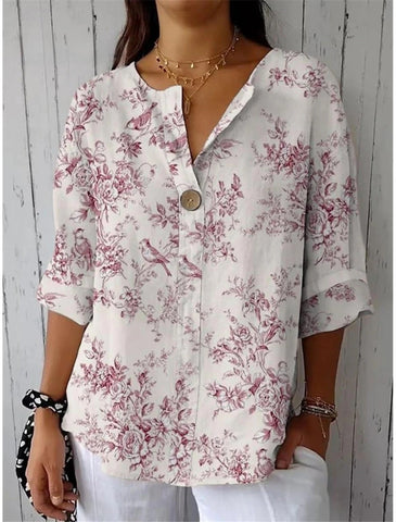 Women's Button V-neck Shirt Casual Print Top T-shirt