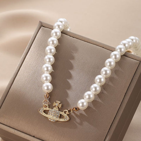 Creative And Trendy Pearl Necklace, Women's Diamond Encrusted Saturn Pendant Necklace, Necklace