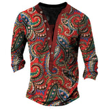 Printed Retro Fashion Casual Henry Neck Long Sleeves T-shirt