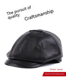 Men's Sheepskin Peaked Cap Beret Vintage Newsboy Painter Octagonal Leather Hat British