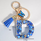 New Resin Blue Stone Letter Butterfly Tassel Letter Key Chain