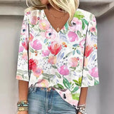 Women's European And American All-matching Printed Casual V-neck Shirt