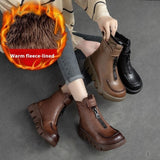 Cotton Boots Soft Full Grain Leather Retro Platform Motorcycle Boots Muffin Heel