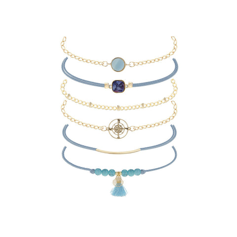 Ocean Colored Compass Blue Stone Personalized 6-piece Bracelet Set