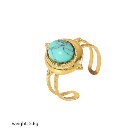 Women's Retro Fashion 18K Gold Stainless Steel Natural Stone Turquoise Open Ring