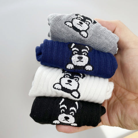 Middle Tube Pure Cotton Breathable Sweat Absorbing Schnauzer Embroidered Cute Cartoon Socks