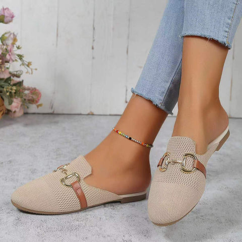 Women's Fashion Solid Color Round Toe Chain Casual Flat Slippers