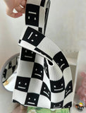 Contrast Color Striped Checkerboard Knitted Shopping Handbag