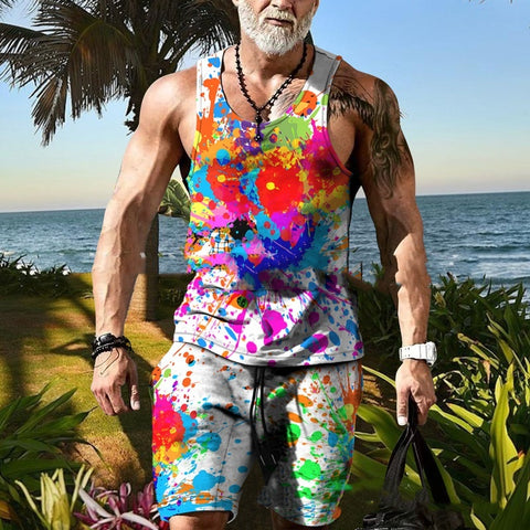 Men's Clothing Series Fashion Camisole Colorful Hip Hop Print Sleeveless Top Shorts Suit